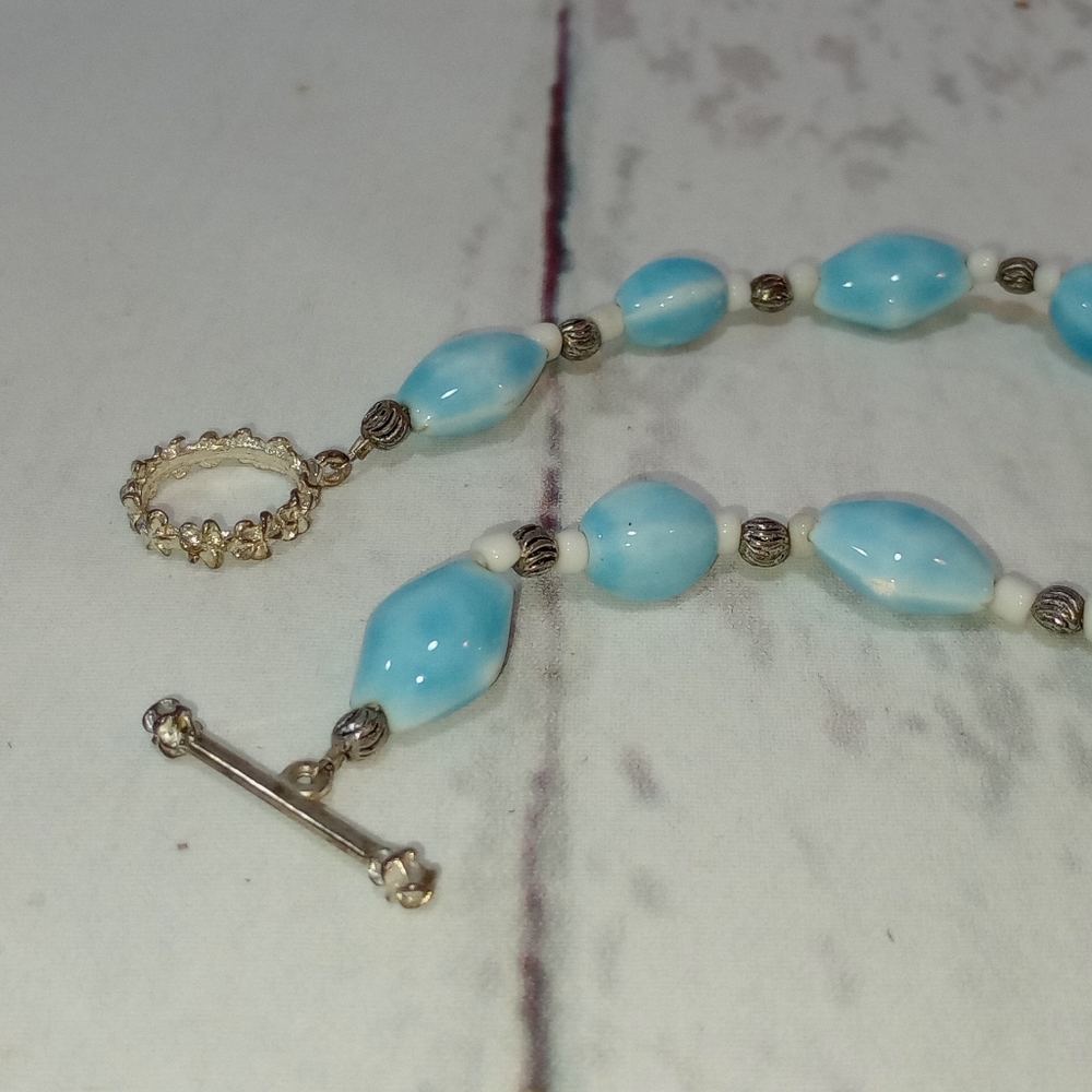 Blue Flower Ceramic Bead Necklace - Picture 12 of 14